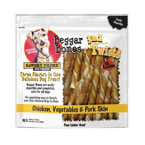 Savory Prime, Beggar Bone 3in1 Twists Dog Treat Chicken, Vegetable and Pork, 30 Count /