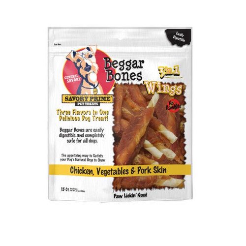 Savory Prime, Beggar Bone 3in1 Wings Dog Treat Chicken, Vegetable and Pork, 15 Count /