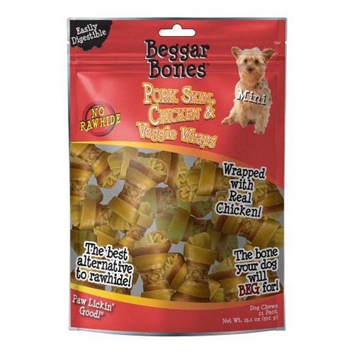 Savory Prime, Beggar Bones Pork Skin, Chicken and Veggie Wraps Dog Treats, 21 Count /