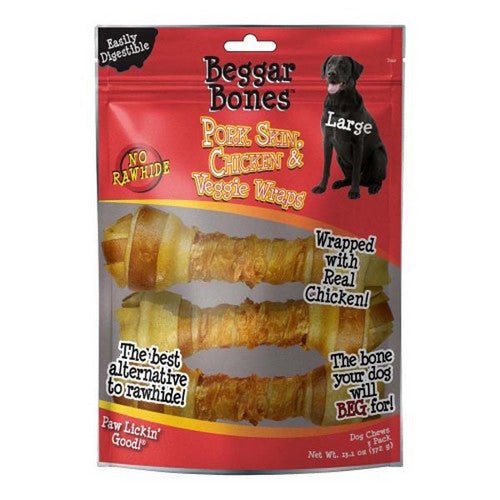 Savory Prime, Beggar Bones Pork Skin, Chicken and Veggie Wraps Dog Treats, 3 Count / Large