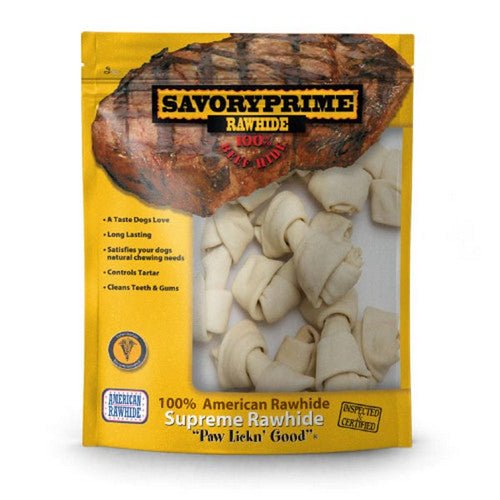 Savory Prime, Supreme Knotted Rawhide Bones Bagged, Natural, 10 Count / 3-4 Inches