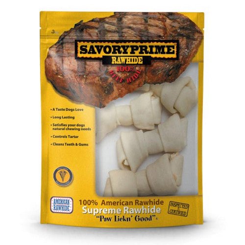 Savory Prime, Supreme Knotted Rawhide Bones Bagged, Natural, 4 Count / 4-5 Inches