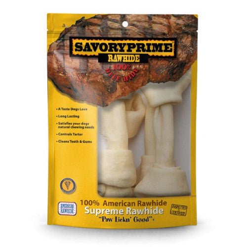 Savory Prime, Supreme Knotted Rawhide Bones Bagged, Natural, 4 Count / 8-9 Inches