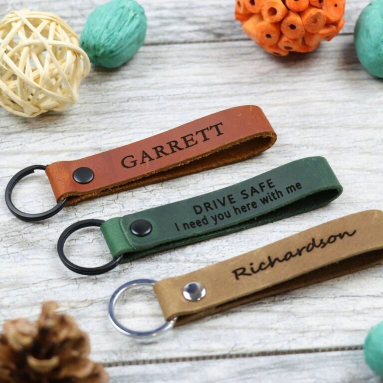 Set of 3 Slim Personalized Leather Keychain , Real Leather, Same Day Shipping, Free