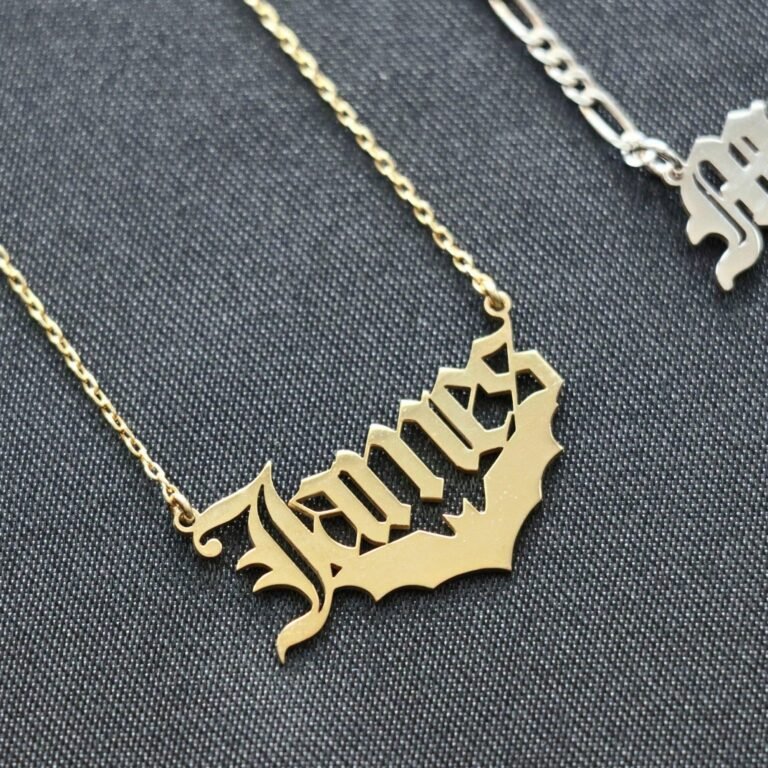 Bat Name Necklace, Personalized Old English Name Necklace With Bat, Old English Letter