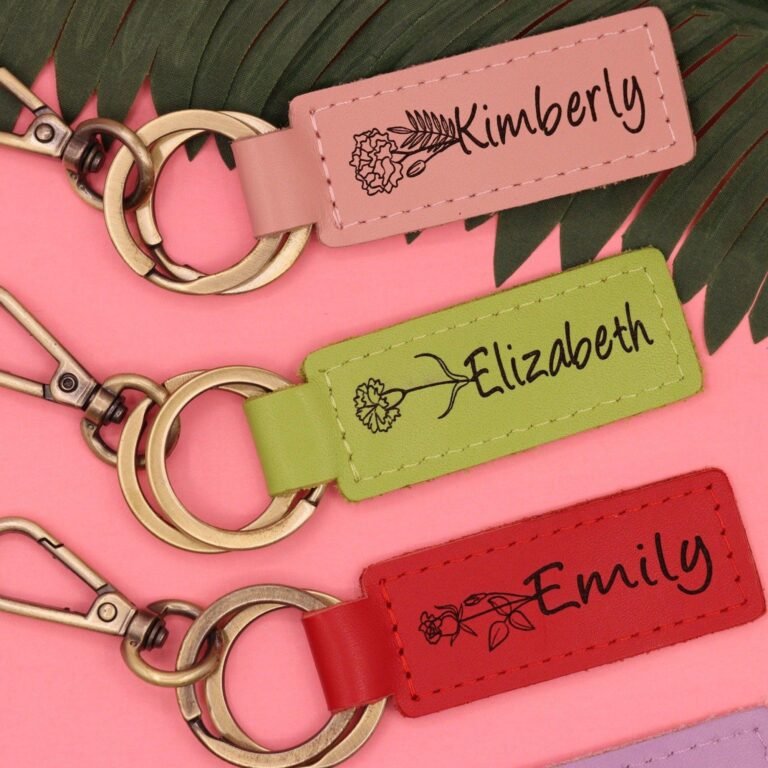 Colorful Birth Month Flower Leather Keychain , Real Leather, Same Day Shipping, Free