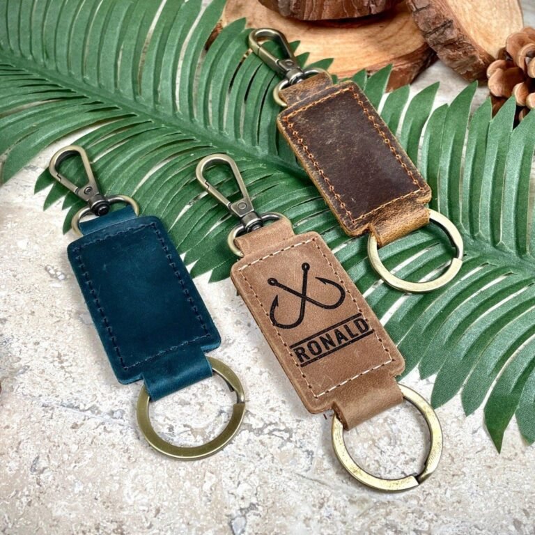 Fishing Leather Keychain with Heavy Duty Ring & Clasp , Real Leather, Same Day Shipping