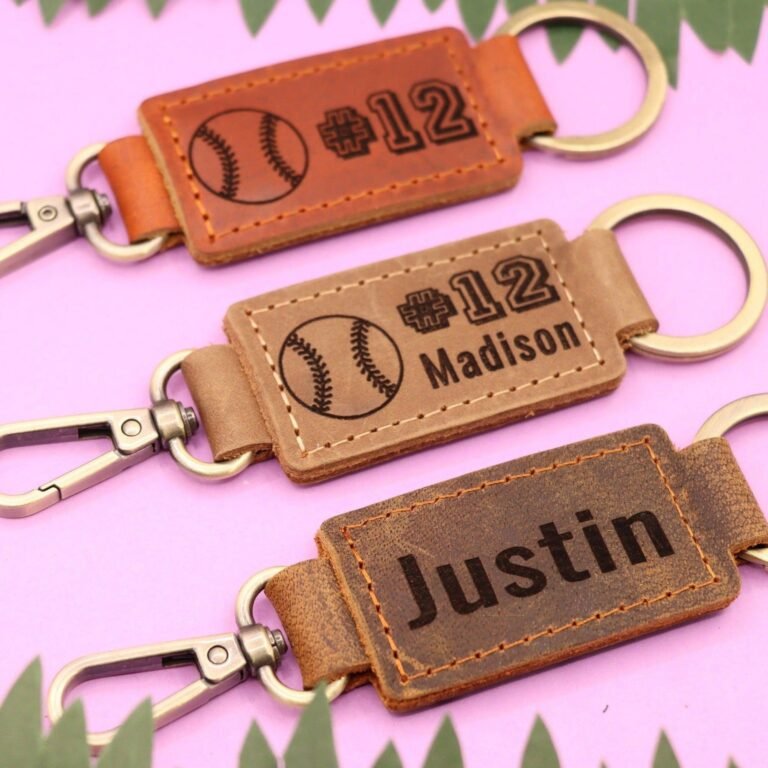 Leather Baseball Keychain with Heavy Duty Ring and Clasp , Real Leather, Same Day