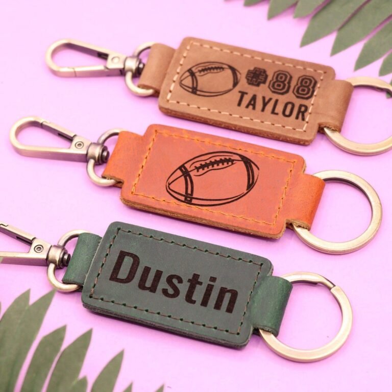 Leather Football Keychain with Heavy Duty Ring and Clasp , Real Leather, Same Day