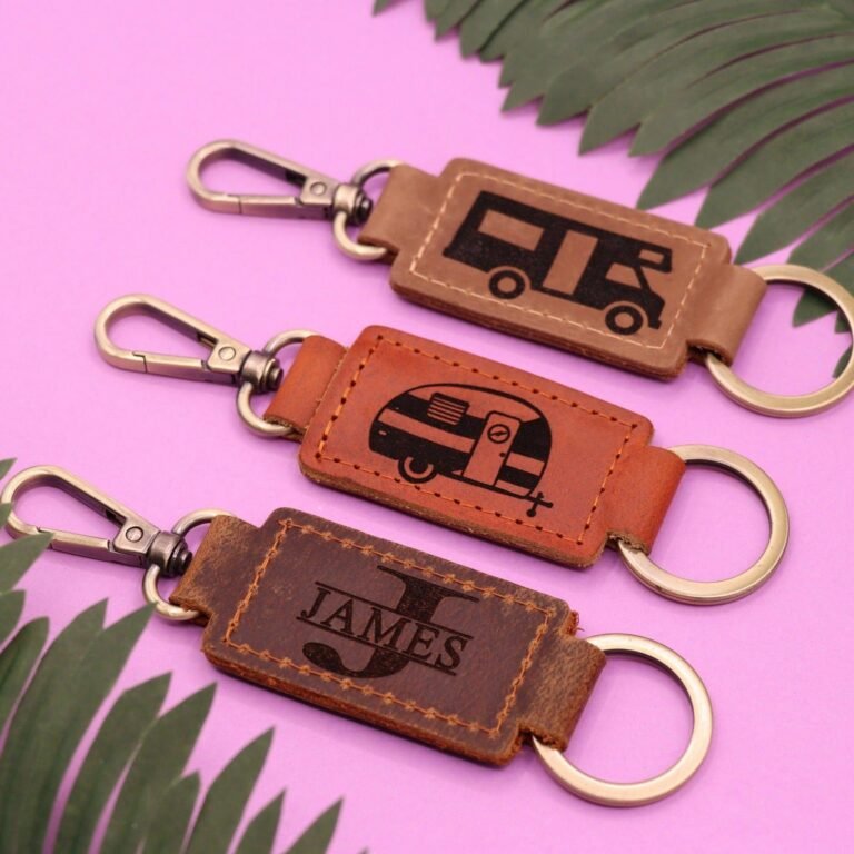 Set of 3 Camper Leather Keychain with Heavy Duty Ring & Clasp , Real Leather, Same Day