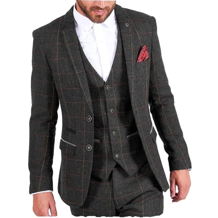 Vintage Classic Men’s 3 Pieces Plaid Notch Lapel Suit (Blazer+vest+Pants) – 34R / Black