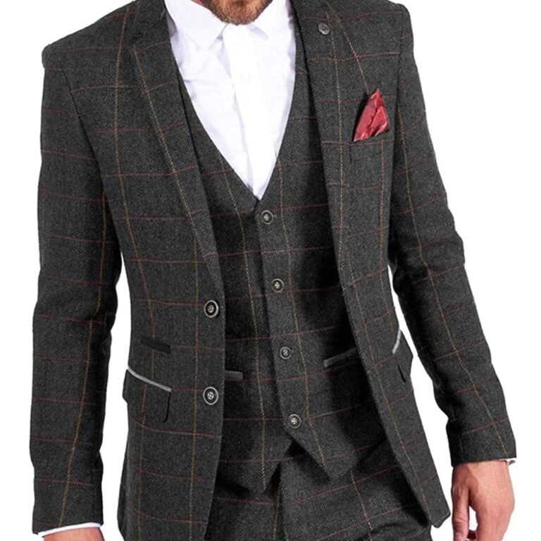 Vintage Classic Men’s 3 Pieces Plaid Notch Lapel Suit (Blazer+vest+Pants)