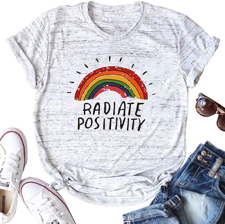 Women Radiate Positivity Rainbow T-shirt Funny Letter Printe Rainbow Graphic Tee Summer