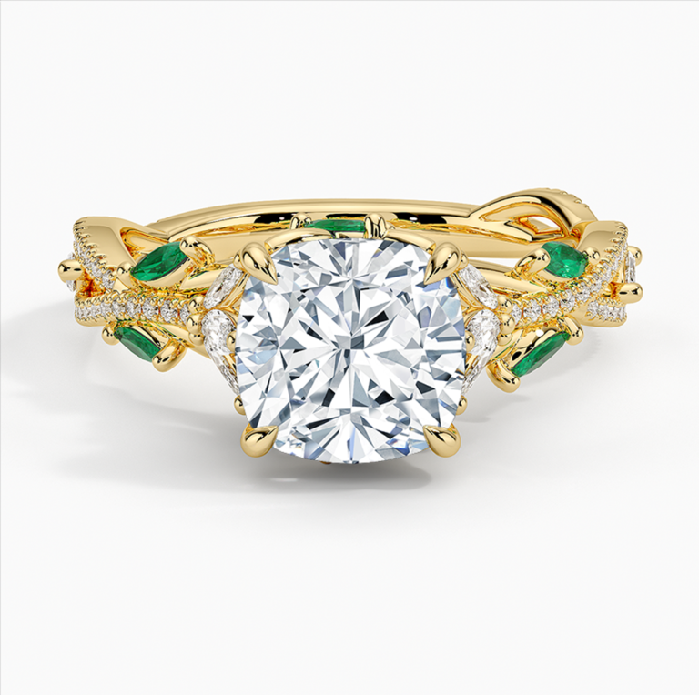 10K Gold 0.98 to 3.48 CT.T.W. Cushion Cut Diamond & Emerald Engagement Ring