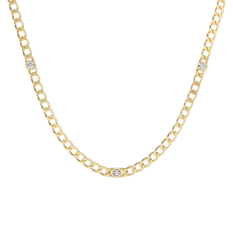 10K Gold Bezel Setting Diamond Cuban Link Necklace