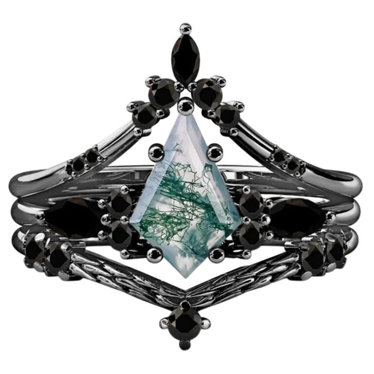 10K Gold Black Color Moss Agate Stackable Ring