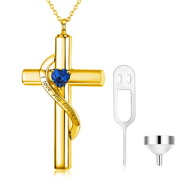 10K Gold Cross & Heart Urn Necklace For Ashes With September Birthstone Engraved I Love