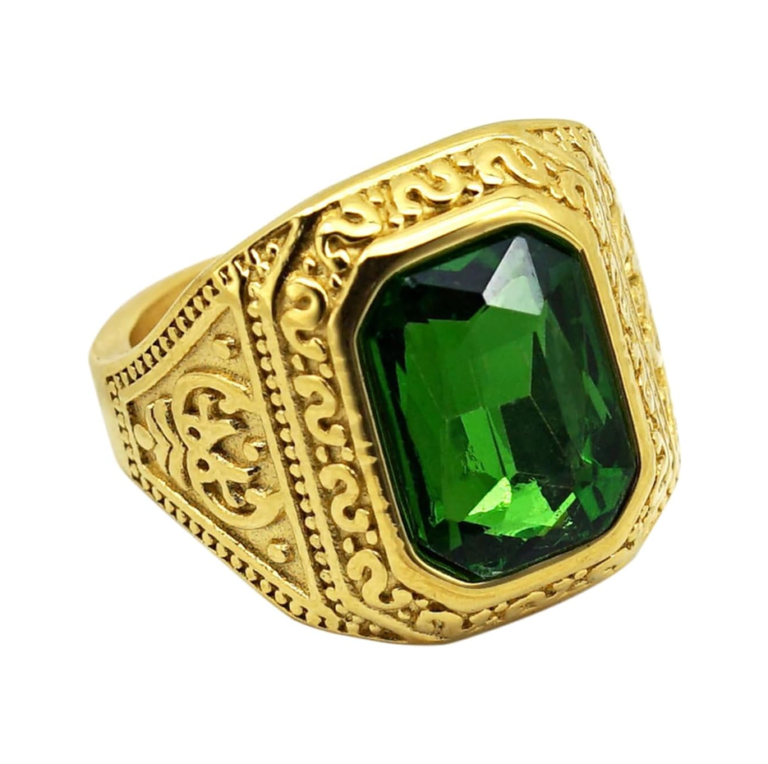 10K Gold Emerald Cut Emerald Stetament Band Father’s Day Gifts for Husband Father Grandpa