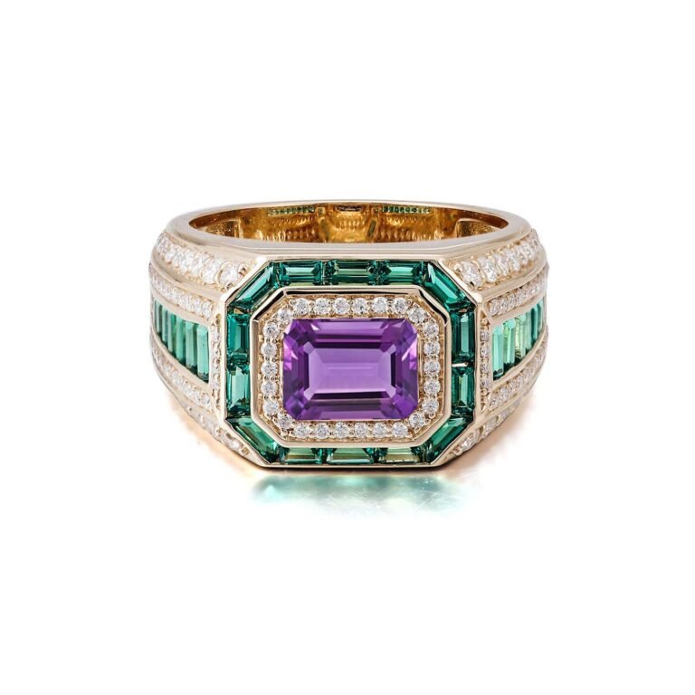 10K Gold Emerald Cut Large Center Stone Amethyst Ring for Men