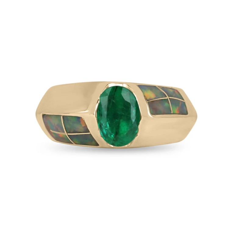 10K Gold Green 2 to 7 CT Oval Emerald & Opal Accent Statement Custom Ring for Men