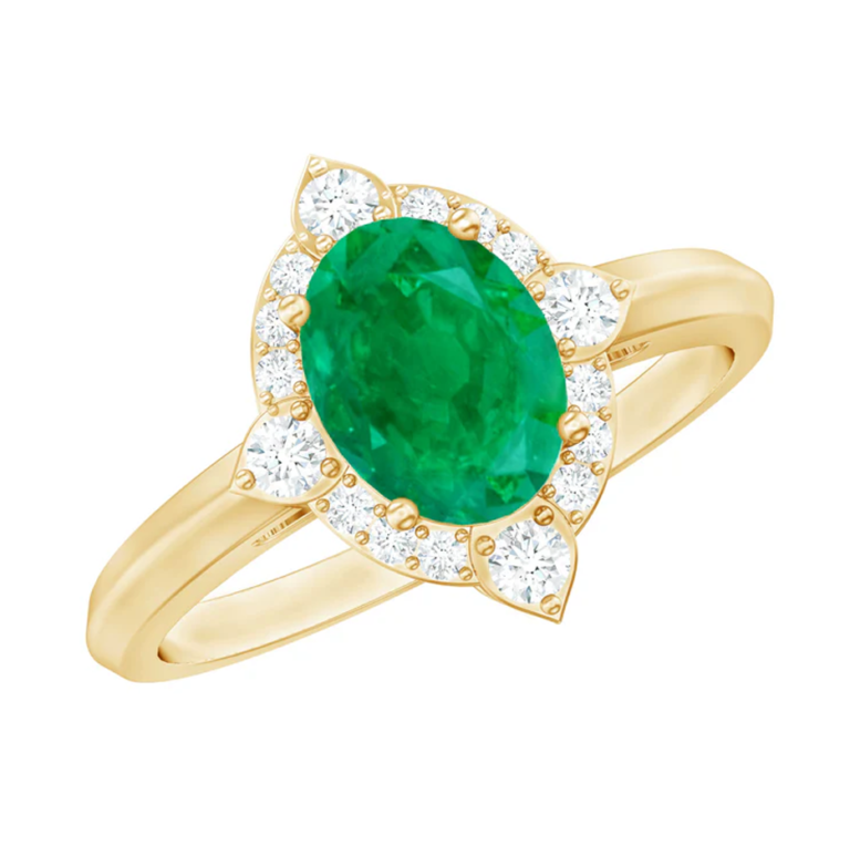 10K Gold Oval Cut Emerald & 0.35 CT.T.W. Diamond Vintage Inspired Engagement Band