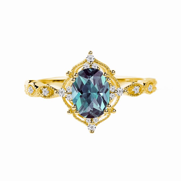 10K Gold Oval Cut Vintage Gemstone & 0.1 CT.T.W. Diamond Ring