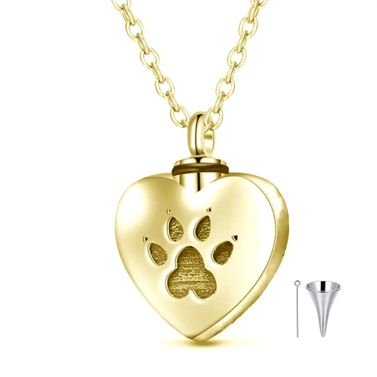 10K Gold Personalized Engraving Dog Paw & Heart Urn Necklace for Ashes