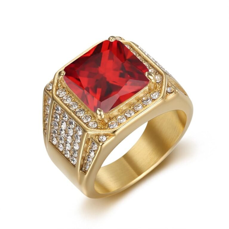 10K Gold Princess Garnet Personalized Engraving Ring for Men