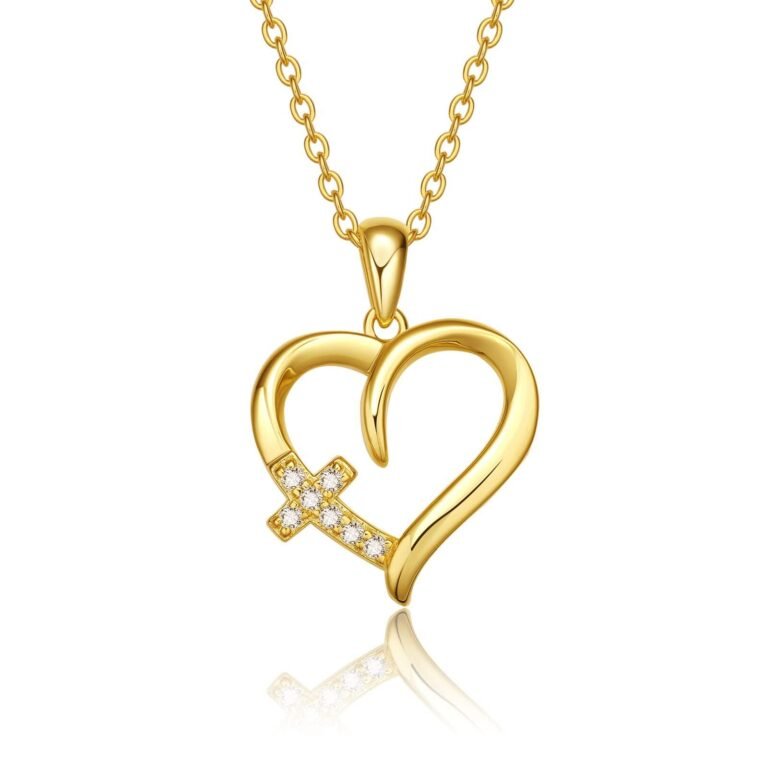 10K Gold Zircon Cross & Heart Pendant Necklace
