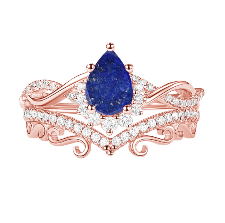 10K Rose Gold Pear Cut Sapphire & Diamond Lapis Lazuli Wedding Set for Women