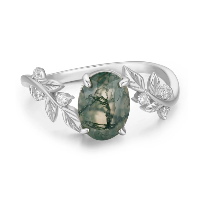 10K White Gold 1 to 5 CT Oval Cut Moss Agate Between the Leaf Engagement Band