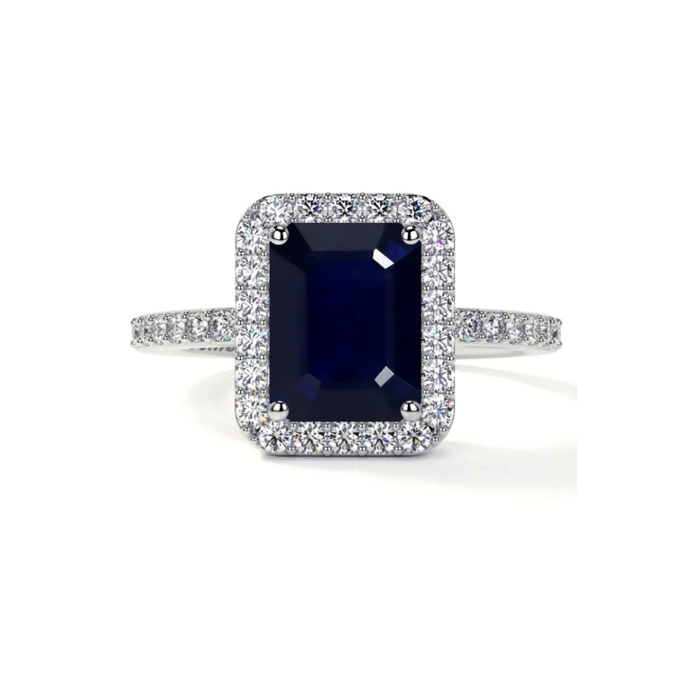 10K White Gold Emerald Cut Custom Engagement Ring Classic Prong Set Halo Ring