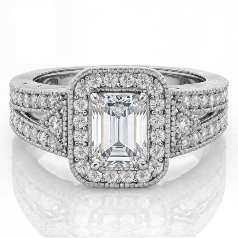 10K White Gold Emerald Cut Vintage Moissanite Engagement Ring