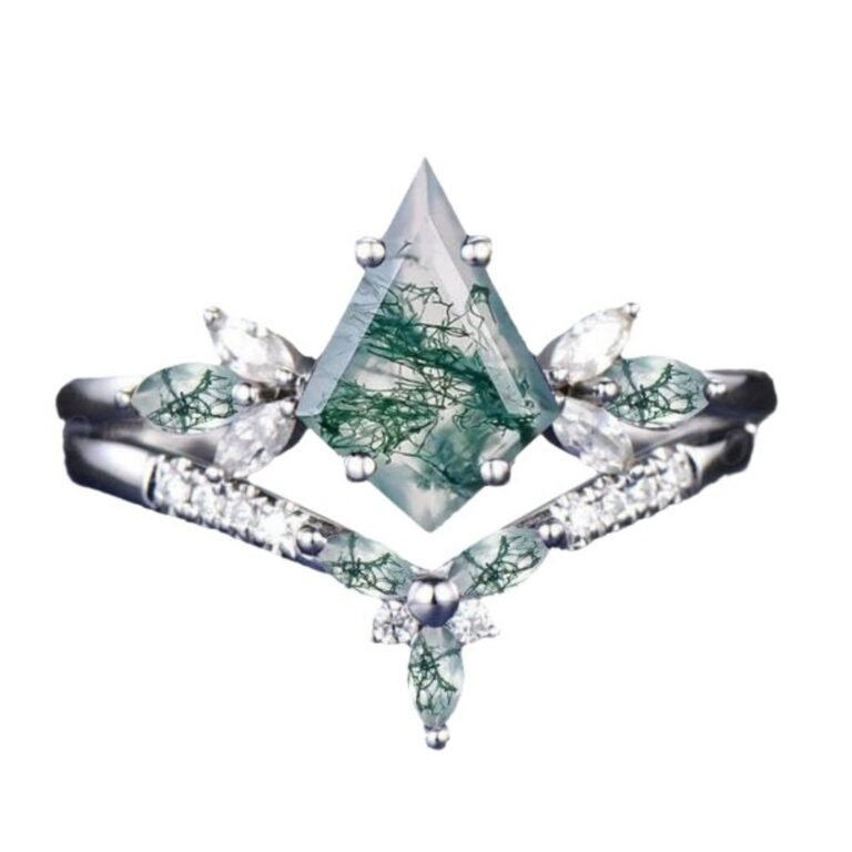 10K White Gold Kite Cut Moss Agate & Moissanite Engagement Ring for Women Free Engraving