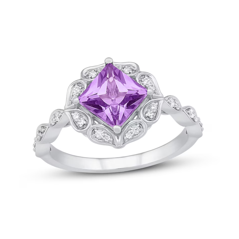 10K White Gold Princess Cut Flowers & Custom Engagement Ring Gemstone Rings