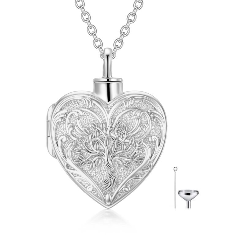 10K White Gold Tree Of Life Urn Necklace for Ashes with Silver Chain
