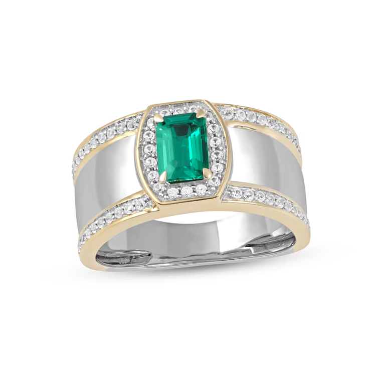 10K White & Yellow Gold Emerald Cut Emerald and White Diamond Triple Row Band for Men