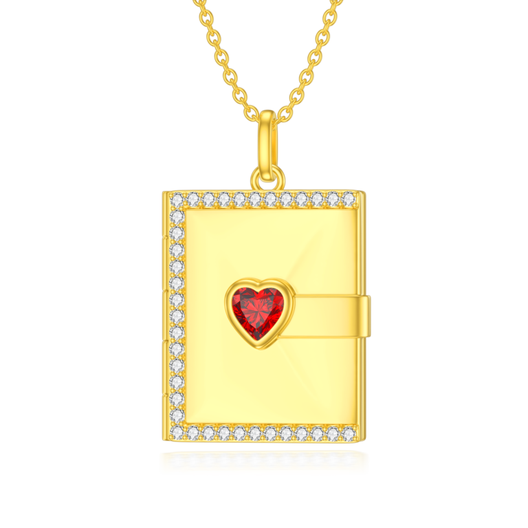 10K Yellow Gold Heart Cubic Zirconia Square Personalized Photo Locket Necklace For Women