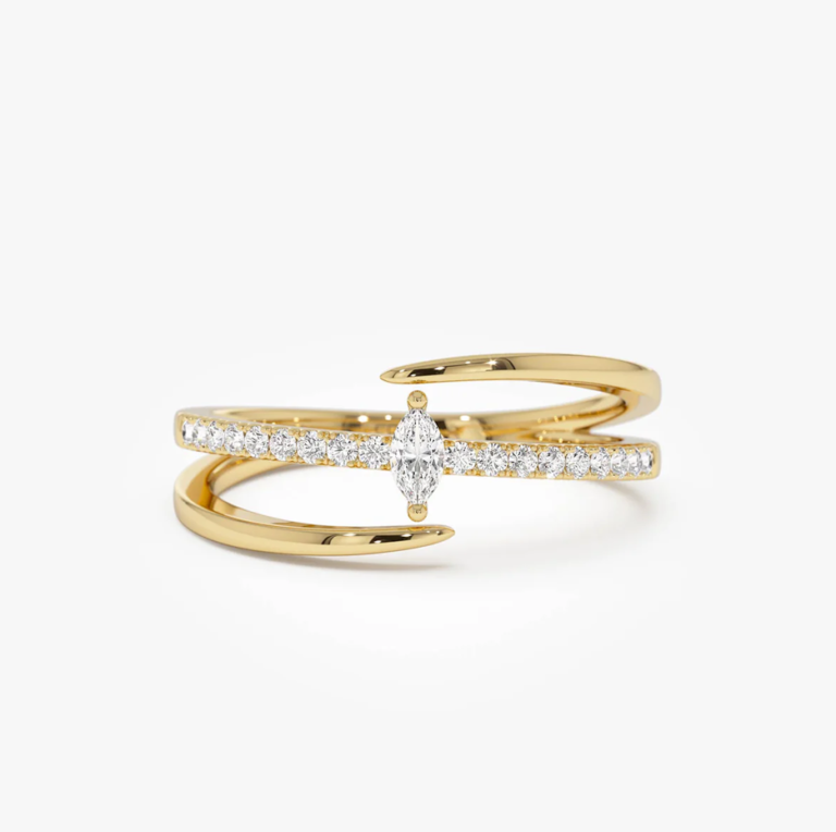 14K Double Band Marquise Diamond Ring with Pavé Accents