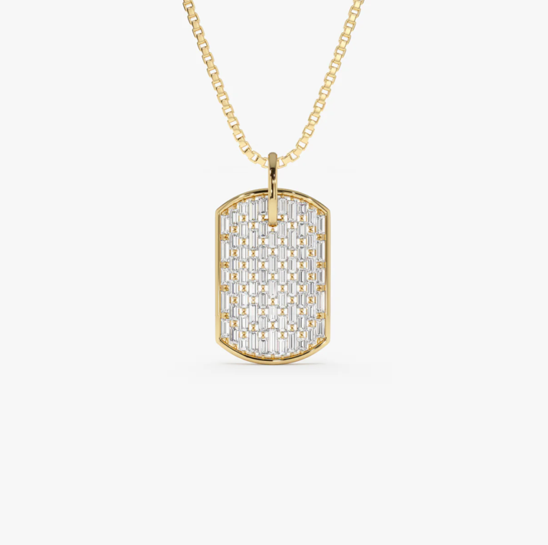 14K Gold 1.25 CT Baguette Diamond Dog Tag Pendant