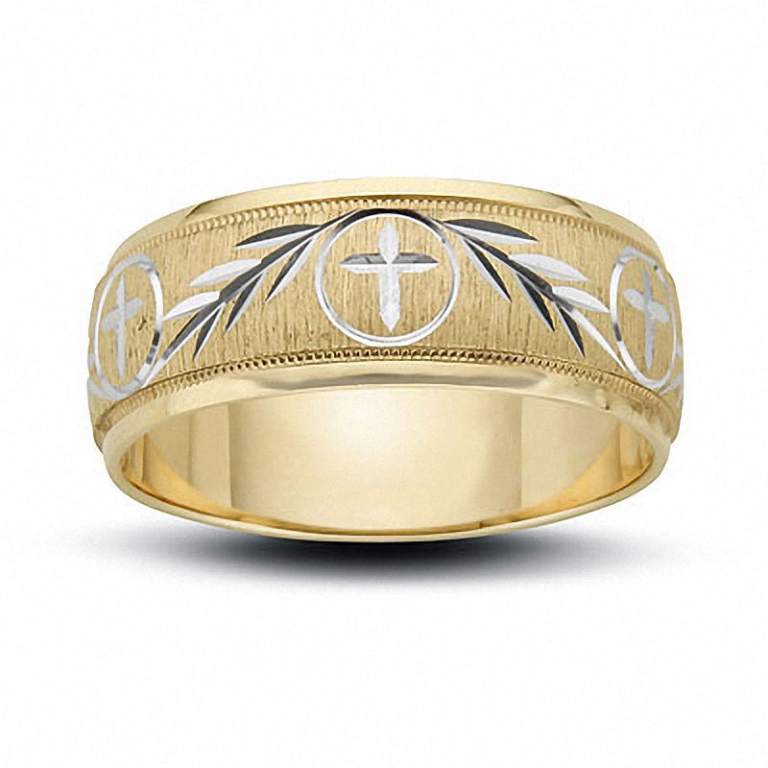 14K Gold 8.0mm Cross and Ivy Custom Engraved Wedding Band for Men