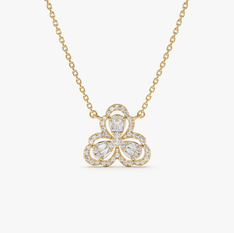 14K Gold Clover 0.25 CT Baguette Diamond Necklace