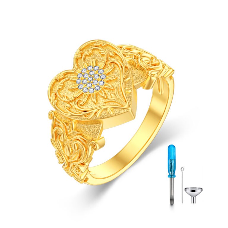 14K Gold Cubic Zirconia Ivy Heart Urn Ring for Ashes for Women