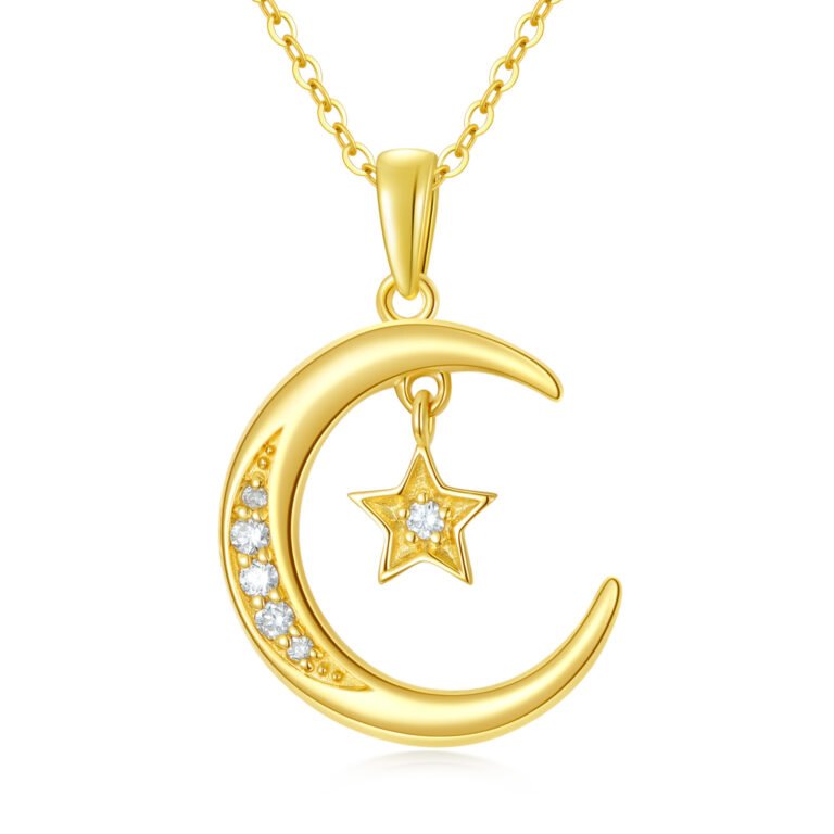 14K Gold Diamond Moon & Star Pendant Necklace