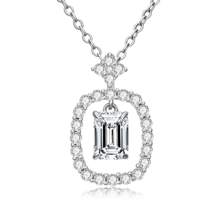 14K White Gold Emerald Cut Moissanite Pendant Necklace