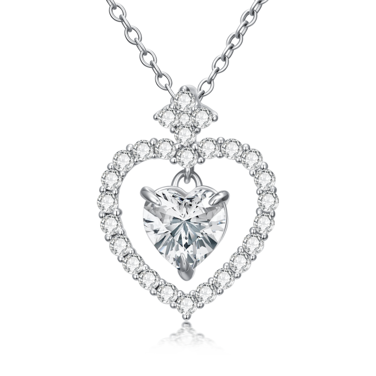 14K White Gold Moissanite Heart Pendant Necklace