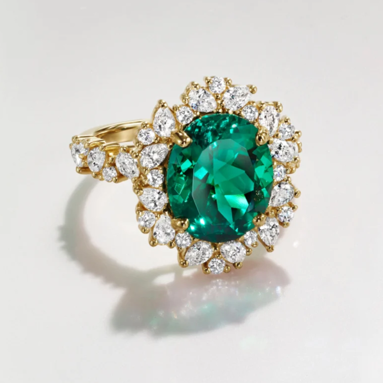 18K Gold 2 to 7 CT Oval Cut Lab Created Emerald Engagement Ring