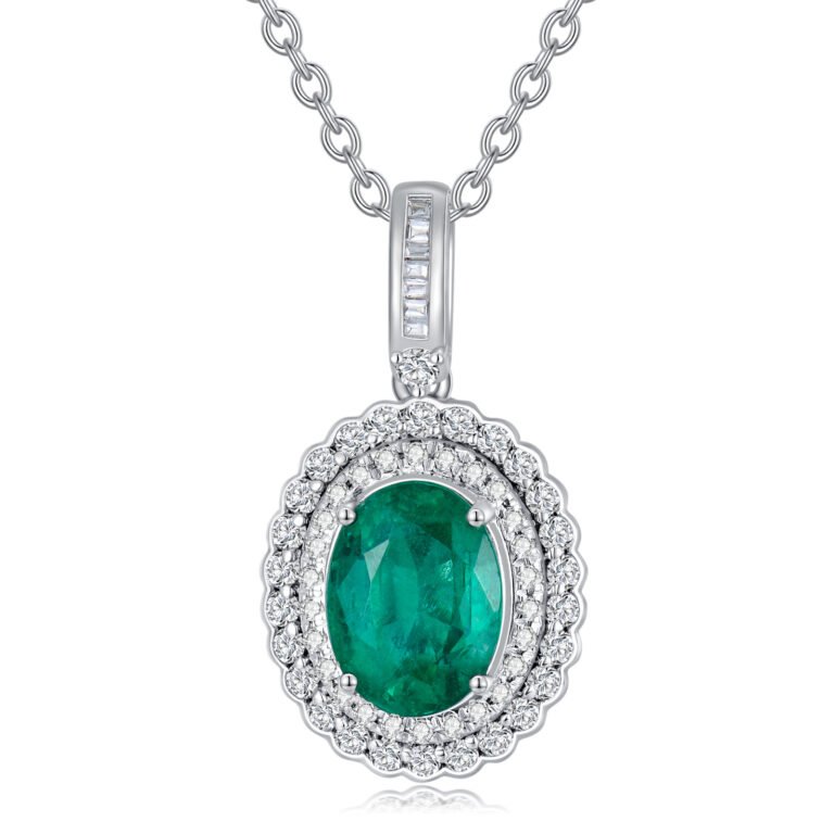 18K White Gold Oval Shaped Diamond & Emerald Oval Shaped Pendant Necklace