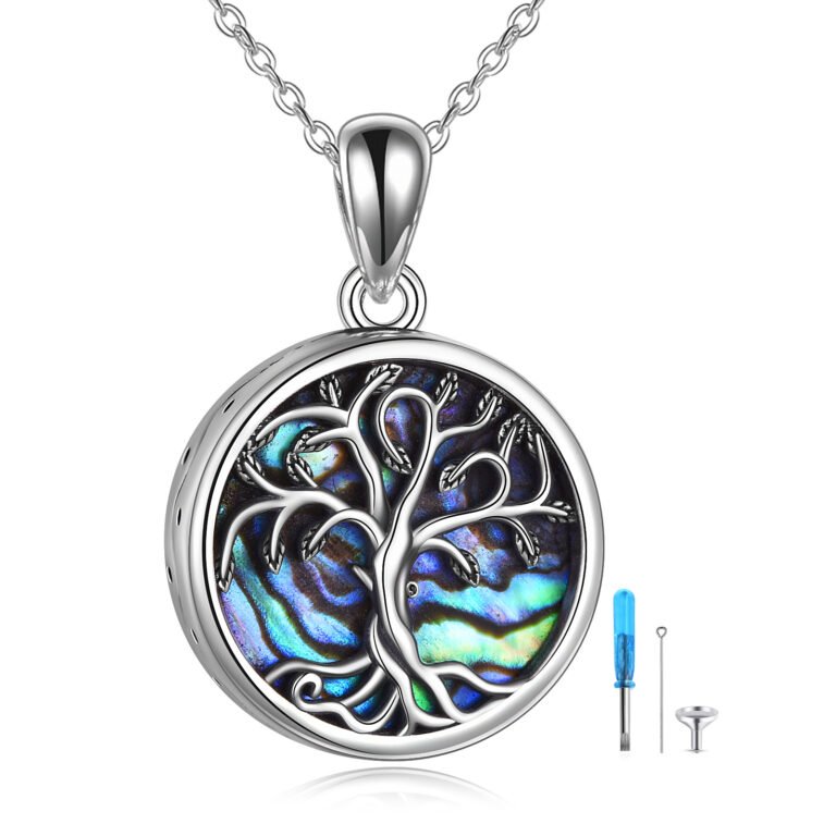 Sterling Silver Abalone Shellfish Tree Of Life Urn Necklace for Ashes with Engraved Word