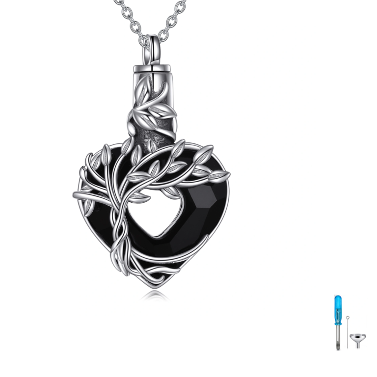 Sterling Silver Black Crystal Tree Of Life Urn Necklace for Ashes